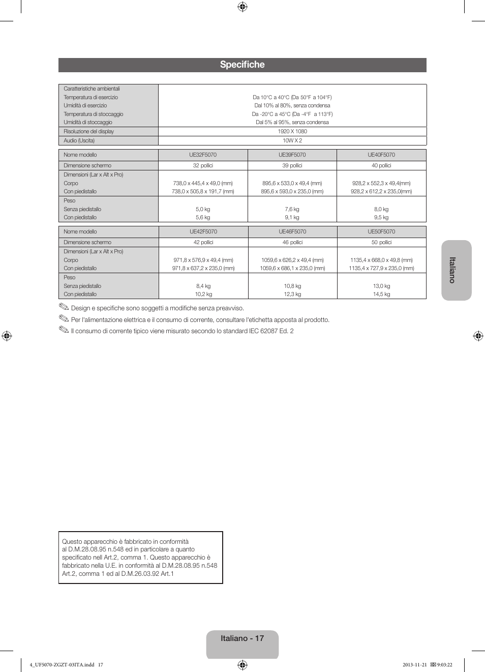 Specifiche | Samsung UE50F5070SS User Manual | Page 71 / 75