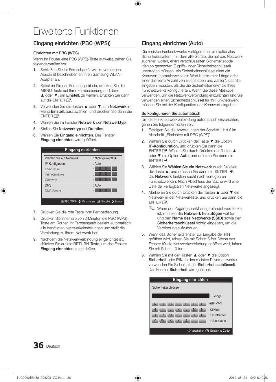 Erweiterte funktionen, Eingang einrichten (pbc (wps)), Eingang einrichten (auto) | Samsung UE46C9000ZW User Manual | Page 100 / 256