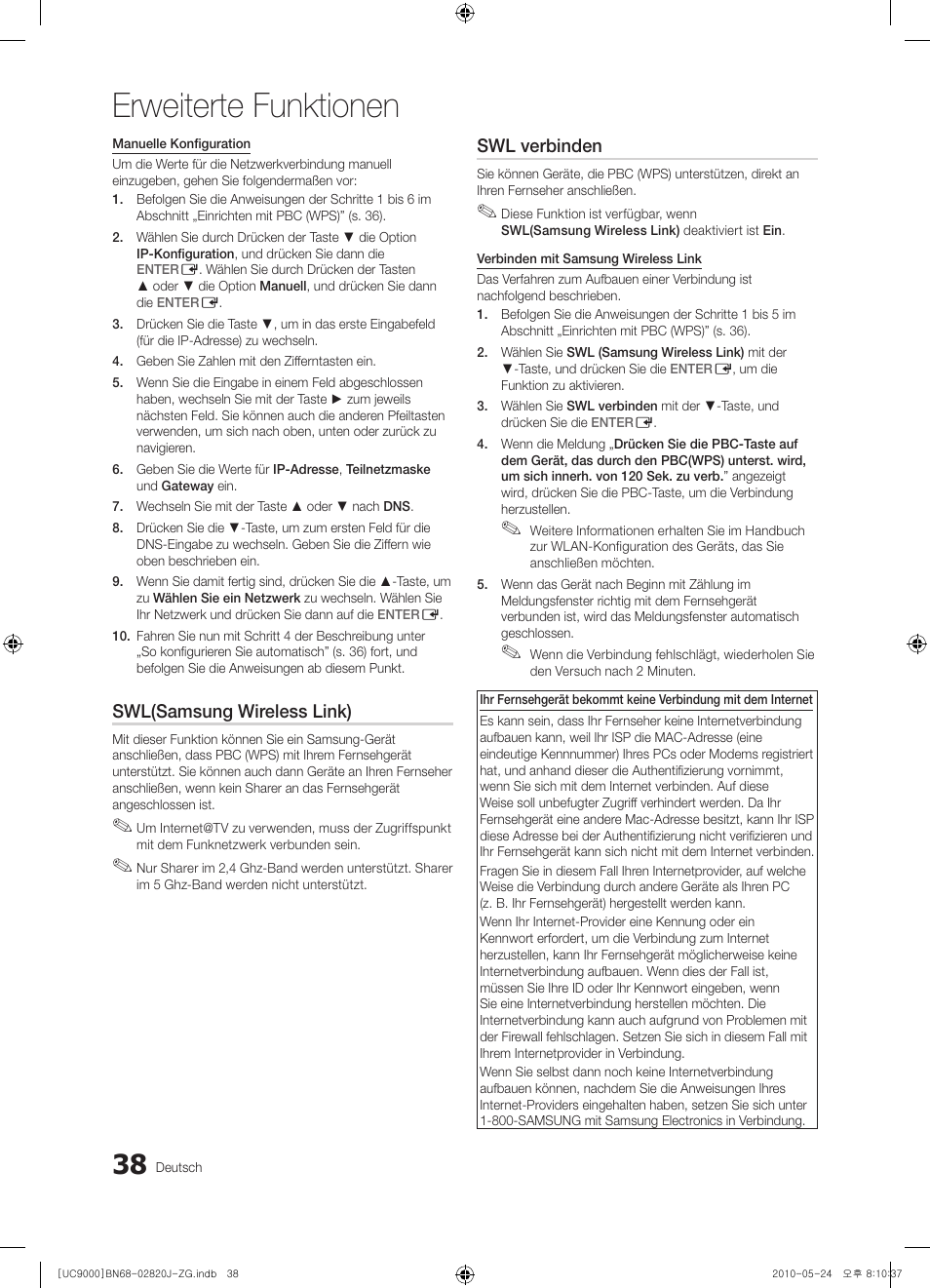Erweiterte funktionen, Swl(samsung wireless link), Swl verbinden | Samsung UE46C9000ZW User Manual | Page 102 / 256