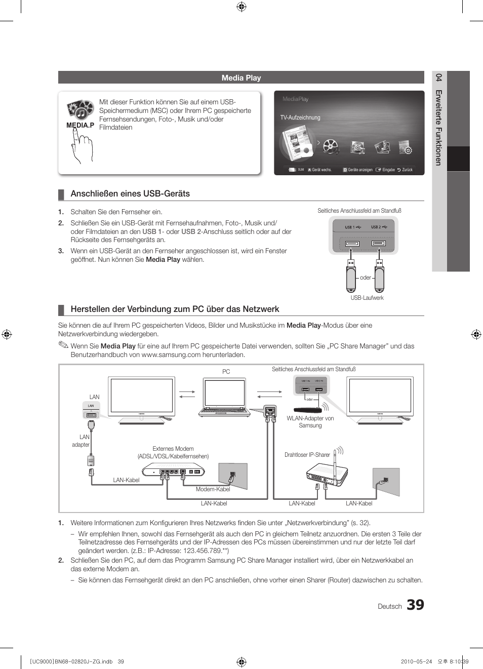 Anschließen eines usb-geräts, Herstellen der verbindung zum pc über das netzwerk | Samsung UE46C9000ZW User Manual | Page 103 / 256