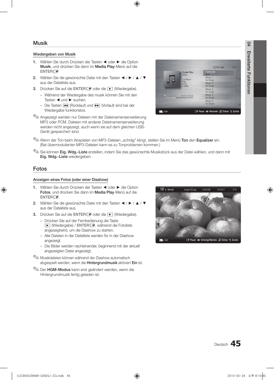 Musik, Fotos | Samsung UE46C9000ZW User Manual | Page 109 / 256