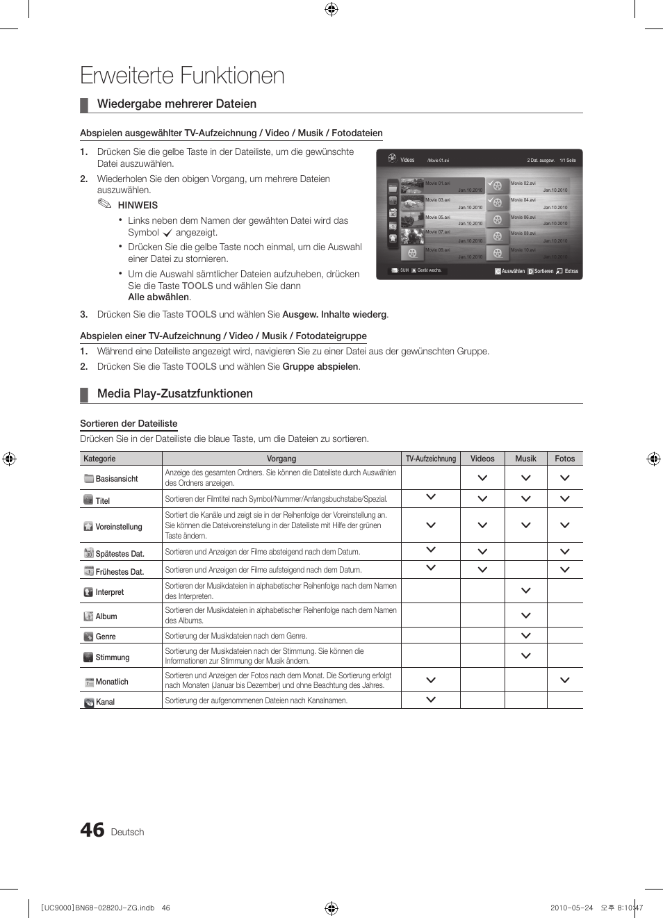 Erweiterte funktionen, Wiedergabe mehrerer dateien, Media play-zusatzfunktionen | Samsung UE46C9000ZW User Manual | Page 110 / 256