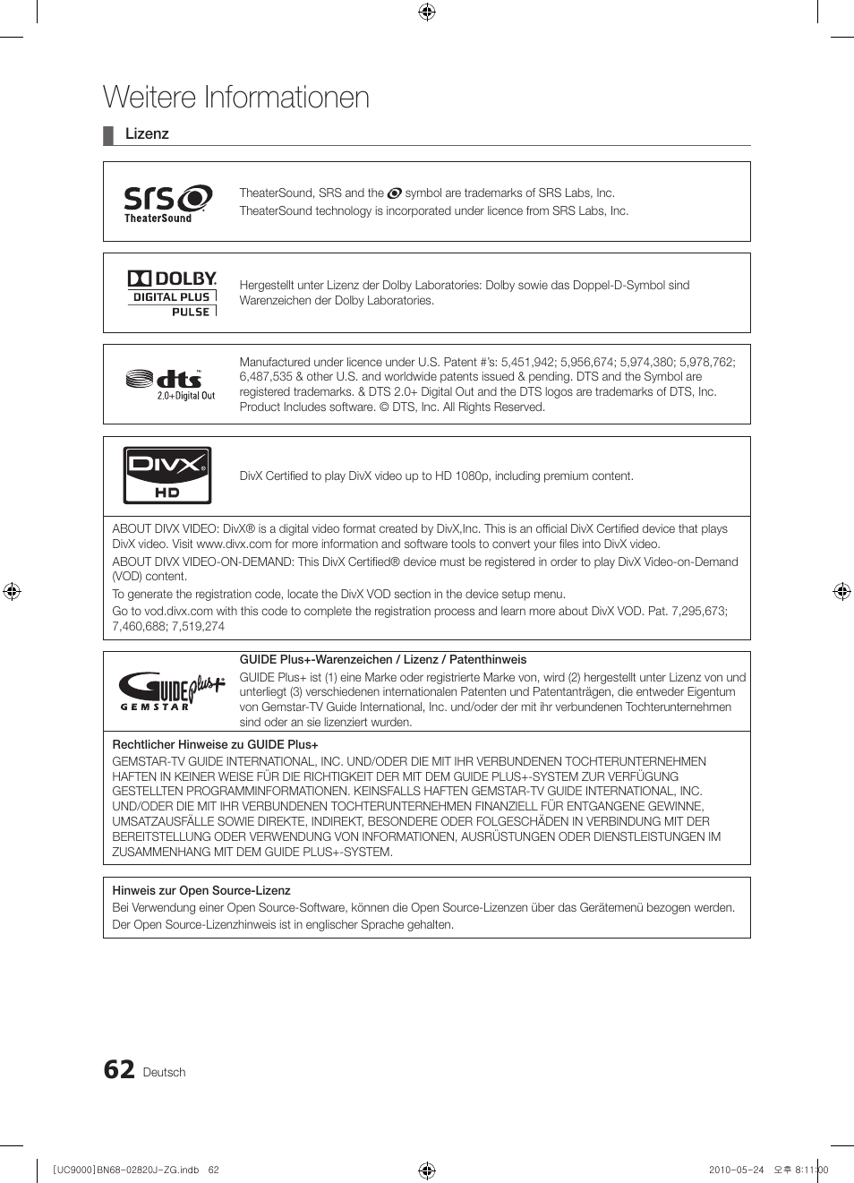 Weitere informationen | Samsung UE46C9000ZW User Manual | Page 126 / 256