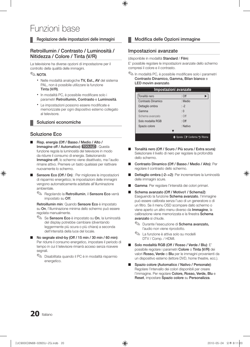 Funzioni base, Soluzione eco, Impostazioni avanzate | Samsung UE46C9000ZW User Manual | Page 148 / 256