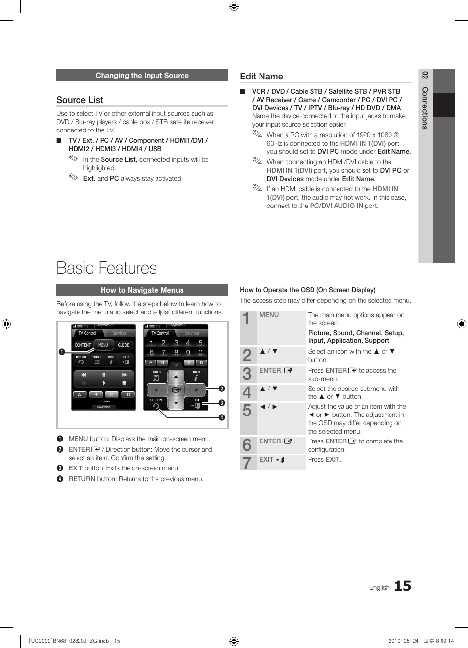 Basic features, Source list, Edit name | Samsung UE46C9000ZW User Manual | Page 15 / 256