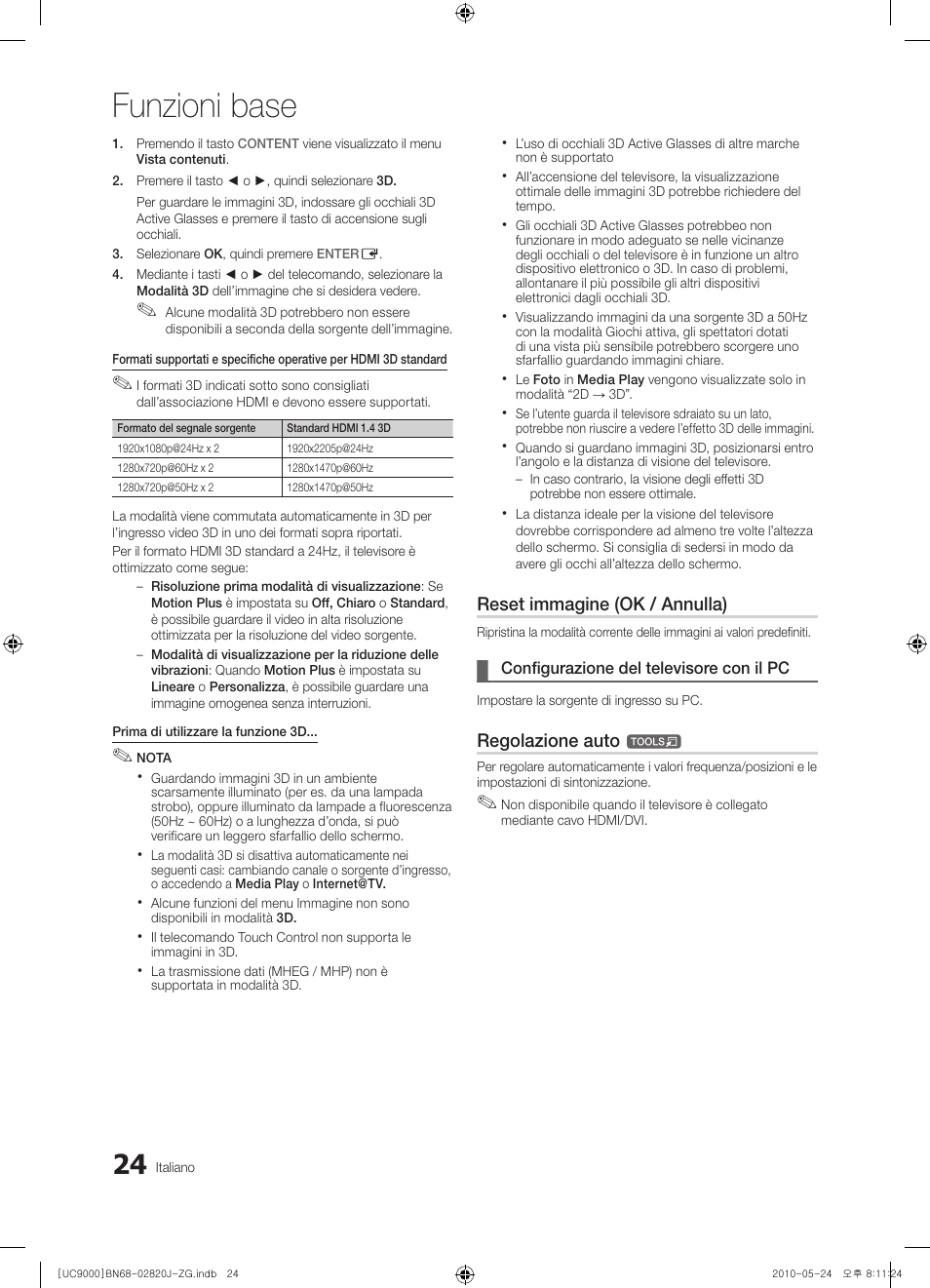 Funzioni base, Reset immagine (ok / annulla), Regolazione auto | Samsung UE46C9000ZW User Manual | Page 152 / 256