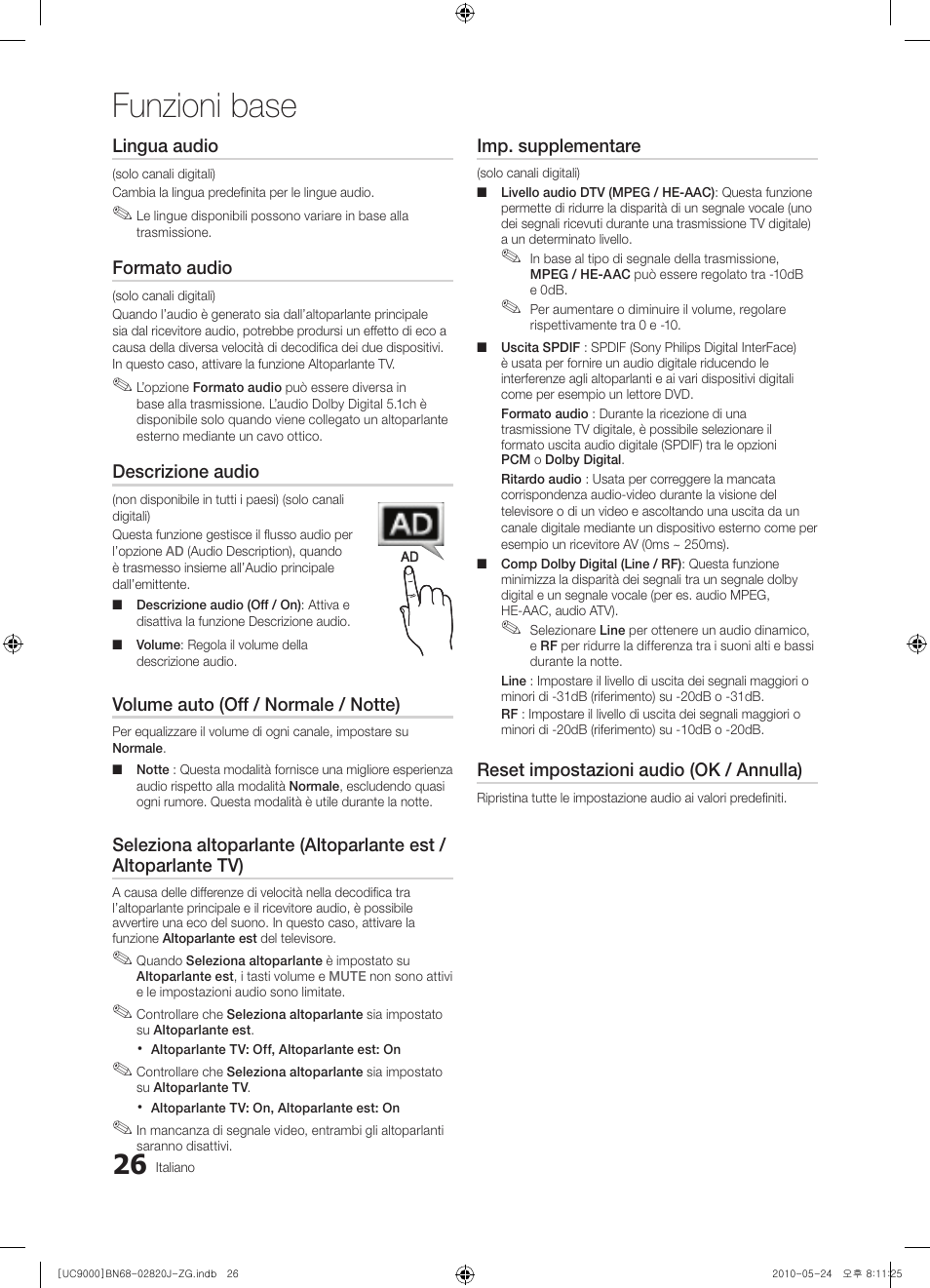 Funzioni base, Lingua audio, Formato audio | Descrizione audio, Volume auto (off / normale / notte), Imp. supplementare, Reset impostazioni audio (ok / annulla) | Samsung UE46C9000ZW User Manual | Page 154 / 256