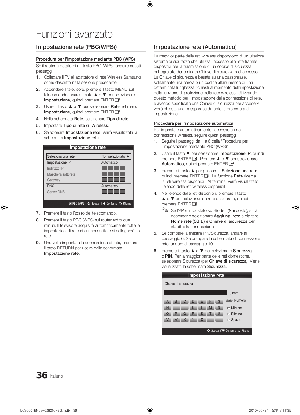 Funzioni avanzate, Impostazione rete (pbc(wps)), Impostazione rete (automatico) | Samsung UE46C9000ZW User Manual | Page 164 / 256