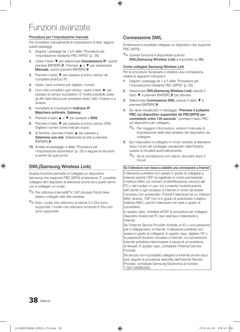 Funzioni avanzate, Swl(samsung wireless link), Connessione swl | Samsung UE46C9000ZW User Manual | Page 166 / 256