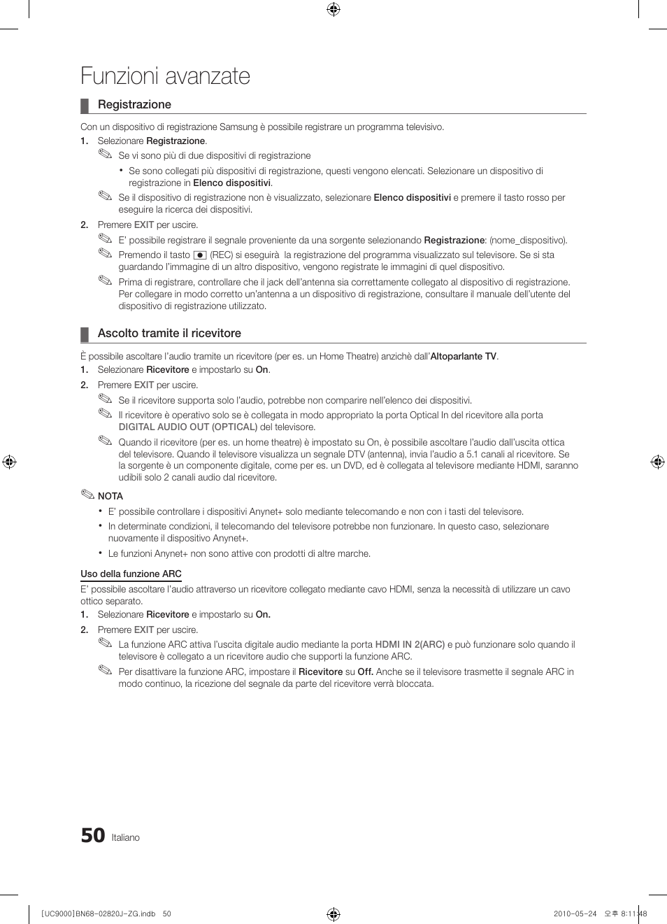 Funzioni avanzate | Samsung UE46C9000ZW User Manual | Page 178 / 256