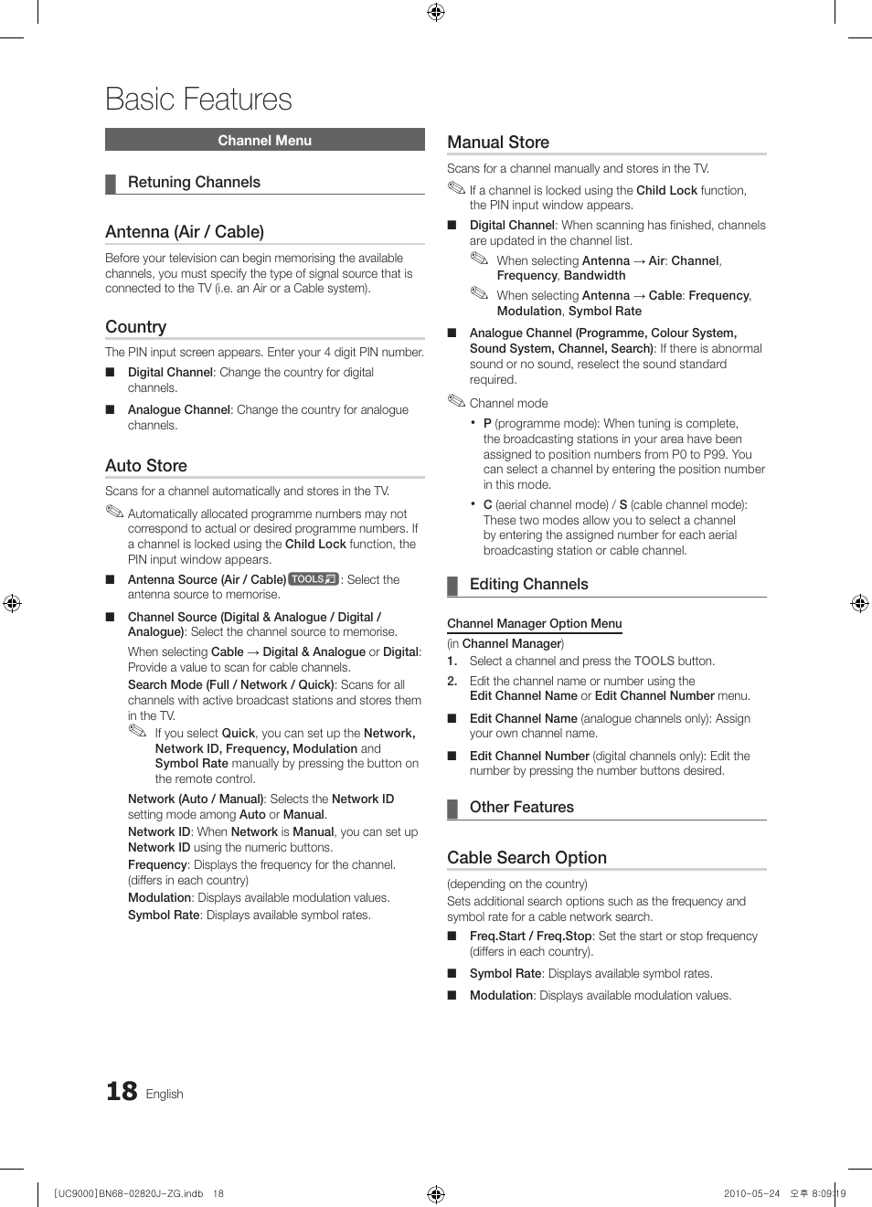 Basic features, Antenna (air / cable), Country | Auto store, Manual store, Cable search option | Samsung UE46C9000ZW User Manual | Page 18 / 256