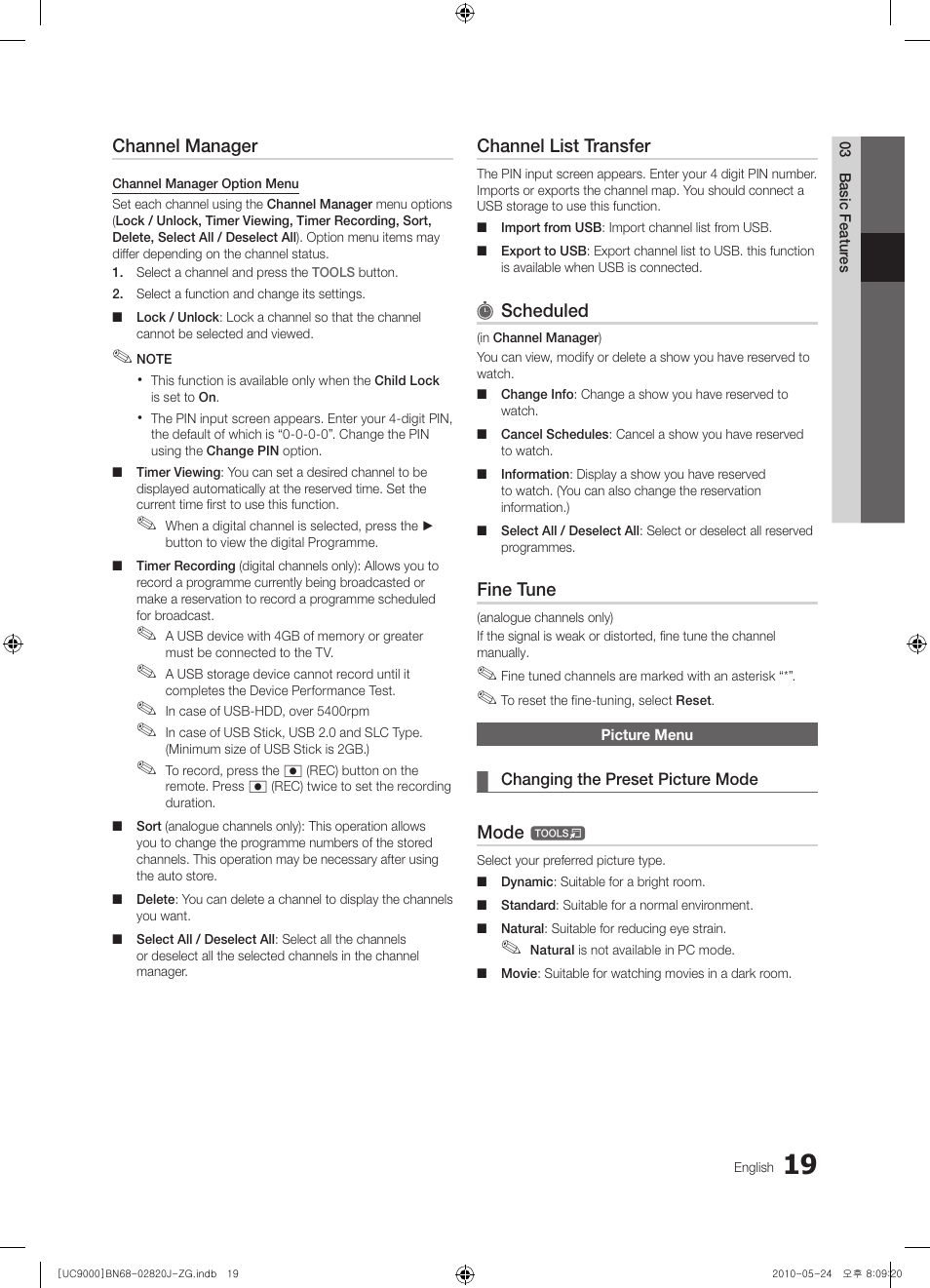 Channel manager, Channel list transfer, Scheduled | Fine tune, Mode | Samsung UE46C9000ZW User Manual | Page 19 / 256