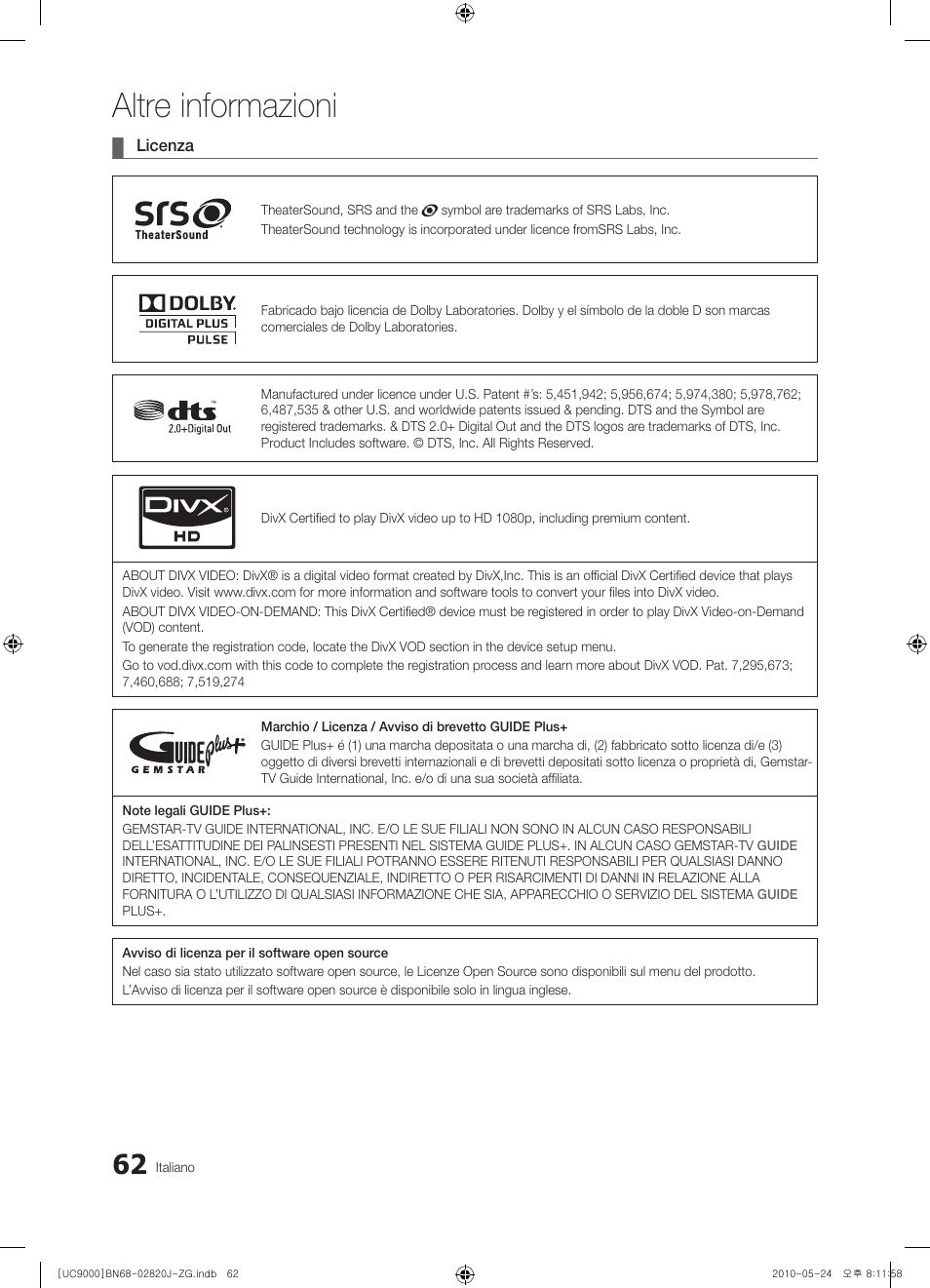 Altre informazioni | Samsung UE46C9000ZW User Manual | Page 190 / 256