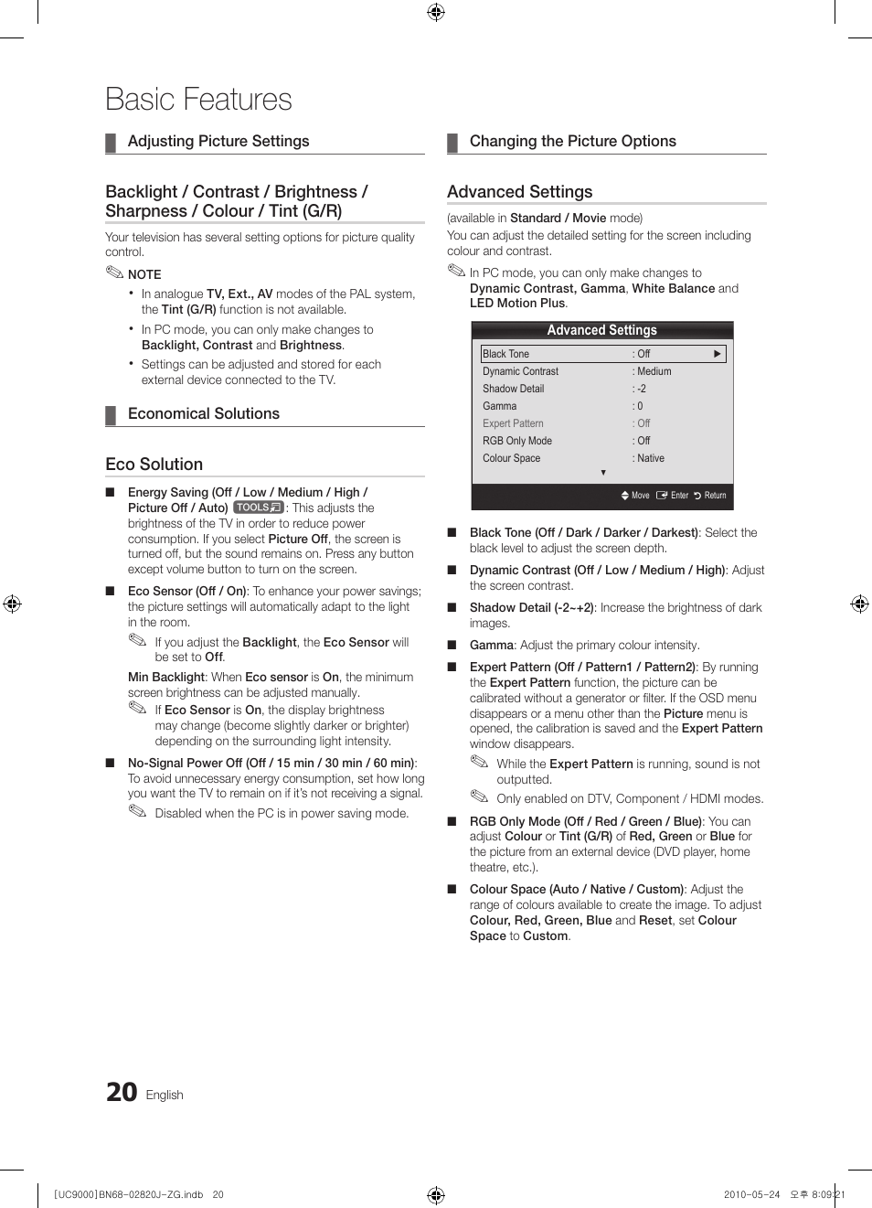 Basic features, Eco solution, Advanced settings | Samsung UE46C9000ZW User Manual | Page 20 / 256