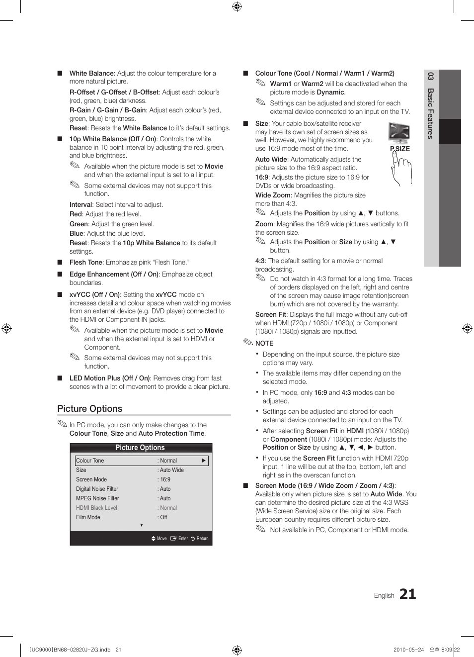 Picture options | Samsung UE46C9000ZW User Manual | Page 21 / 256