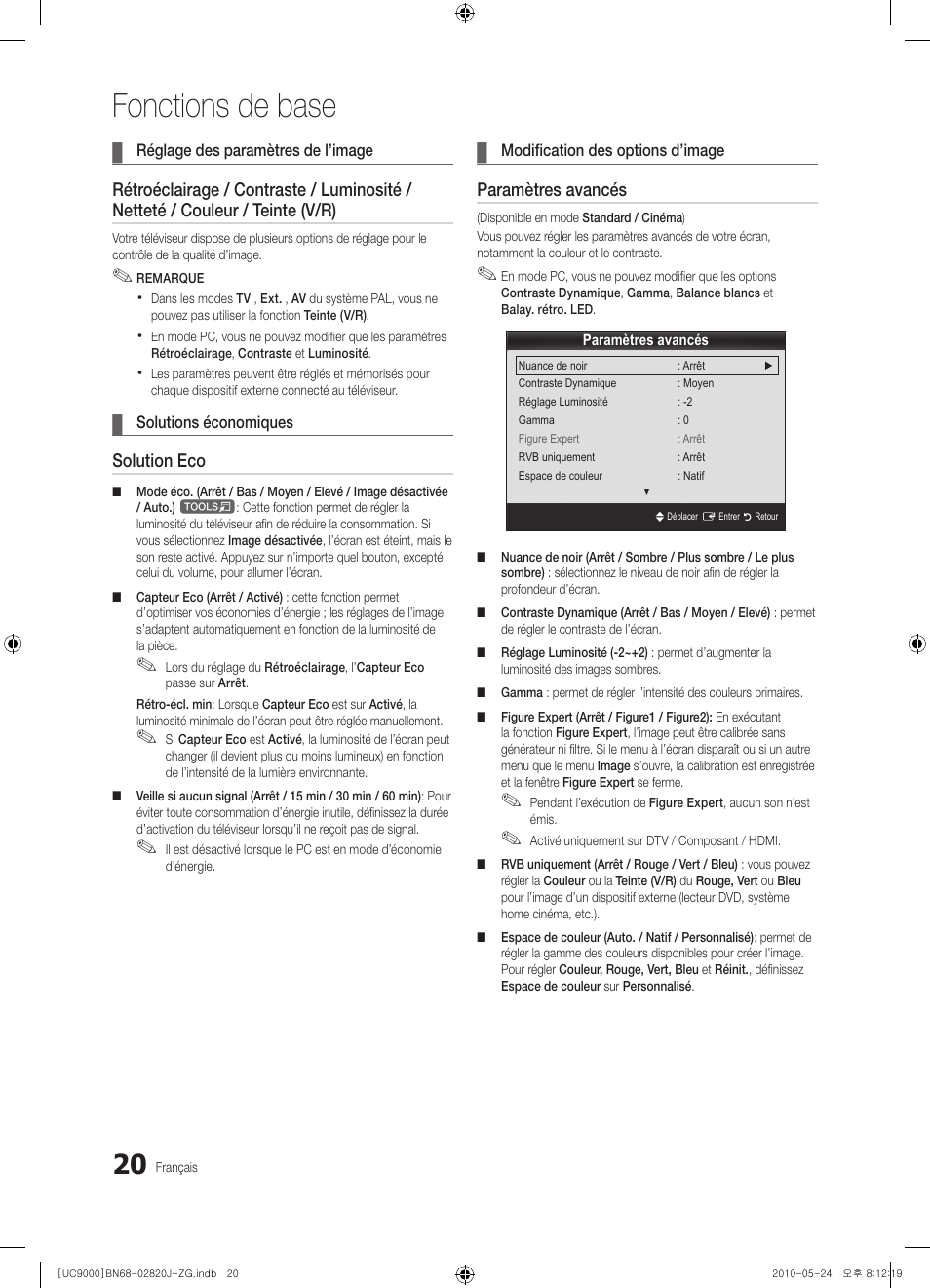 Fonctions de base, Solution eco, Paramètres avancés | Samsung UE46C9000ZW User Manual | Page 212 / 256