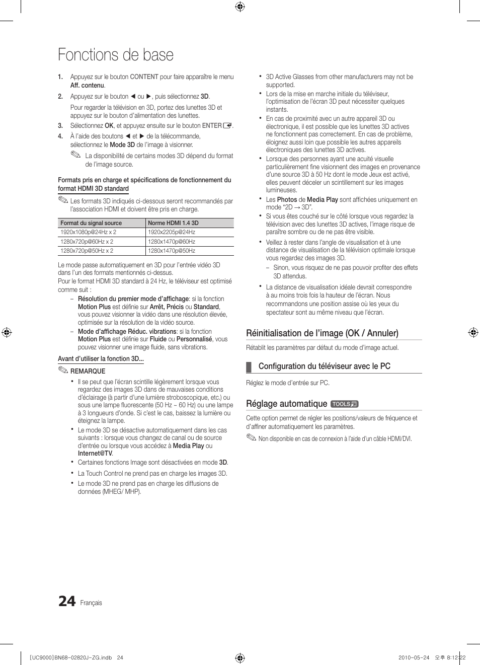 Fonctions de base, Réinitialisation de l’image (ok / annuler), Réglage automatique | Samsung UE46C9000ZW User Manual | Page 216 / 256