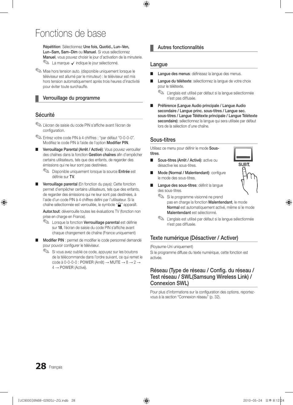 Fonctions de base | Samsung UE46C9000ZW User Manual | Page 220 / 256