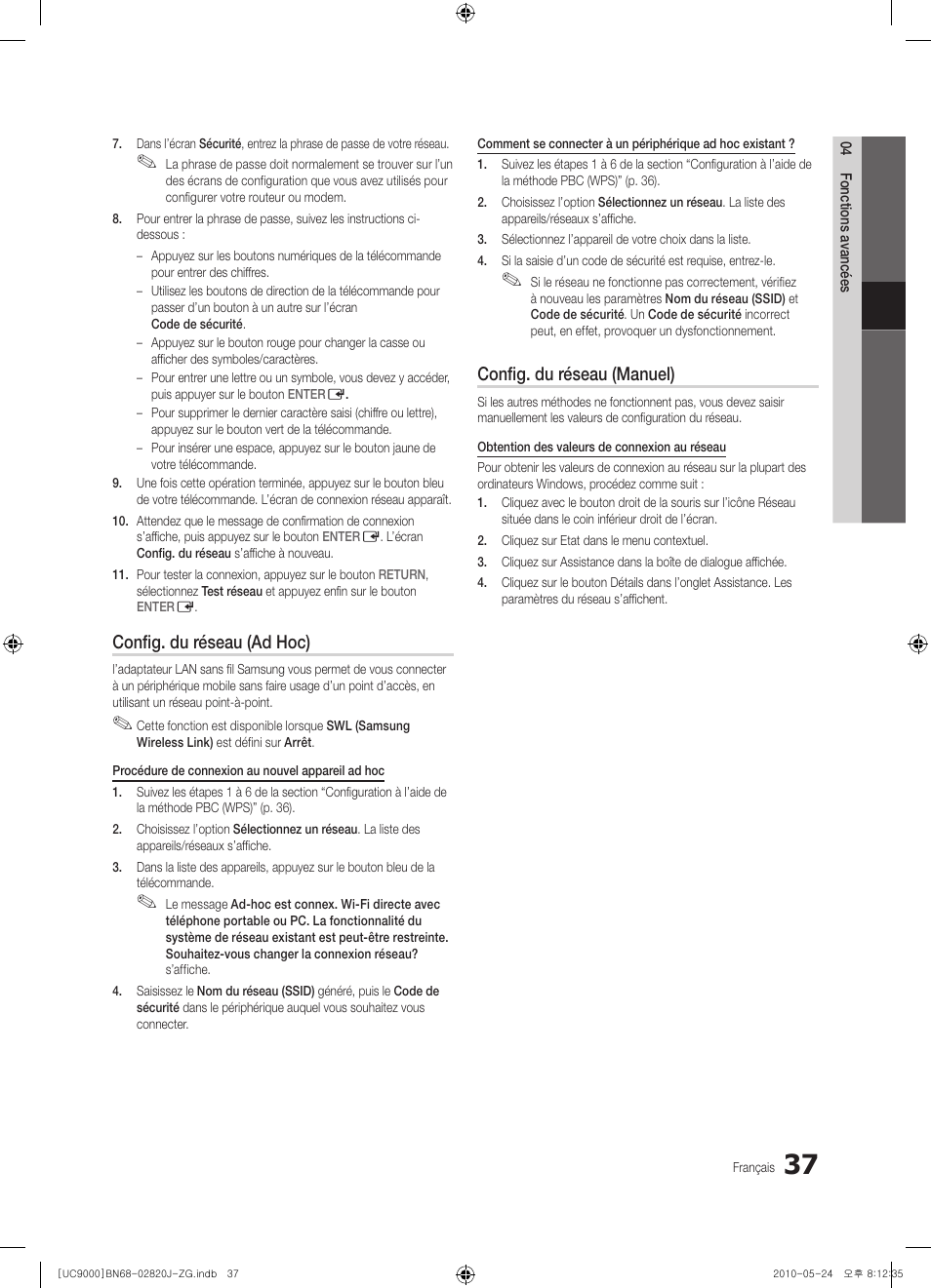 Config. du réseau (ad hoc), Config. du réseau (manuel) | Samsung UE46C9000ZW User Manual | Page 229 / 256