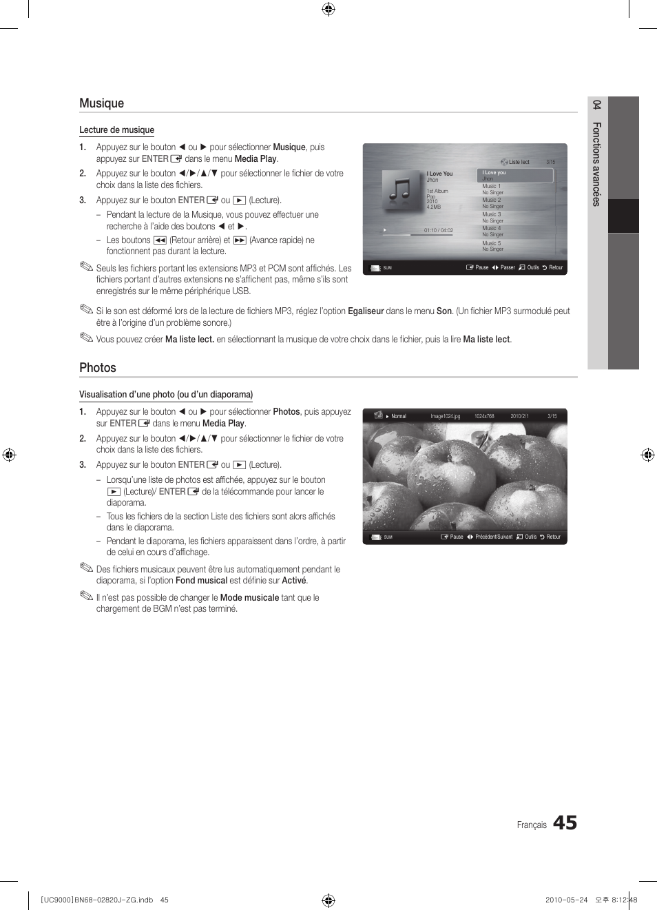 Musique, Photos | Samsung UE46C9000ZW User Manual | Page 237 / 256