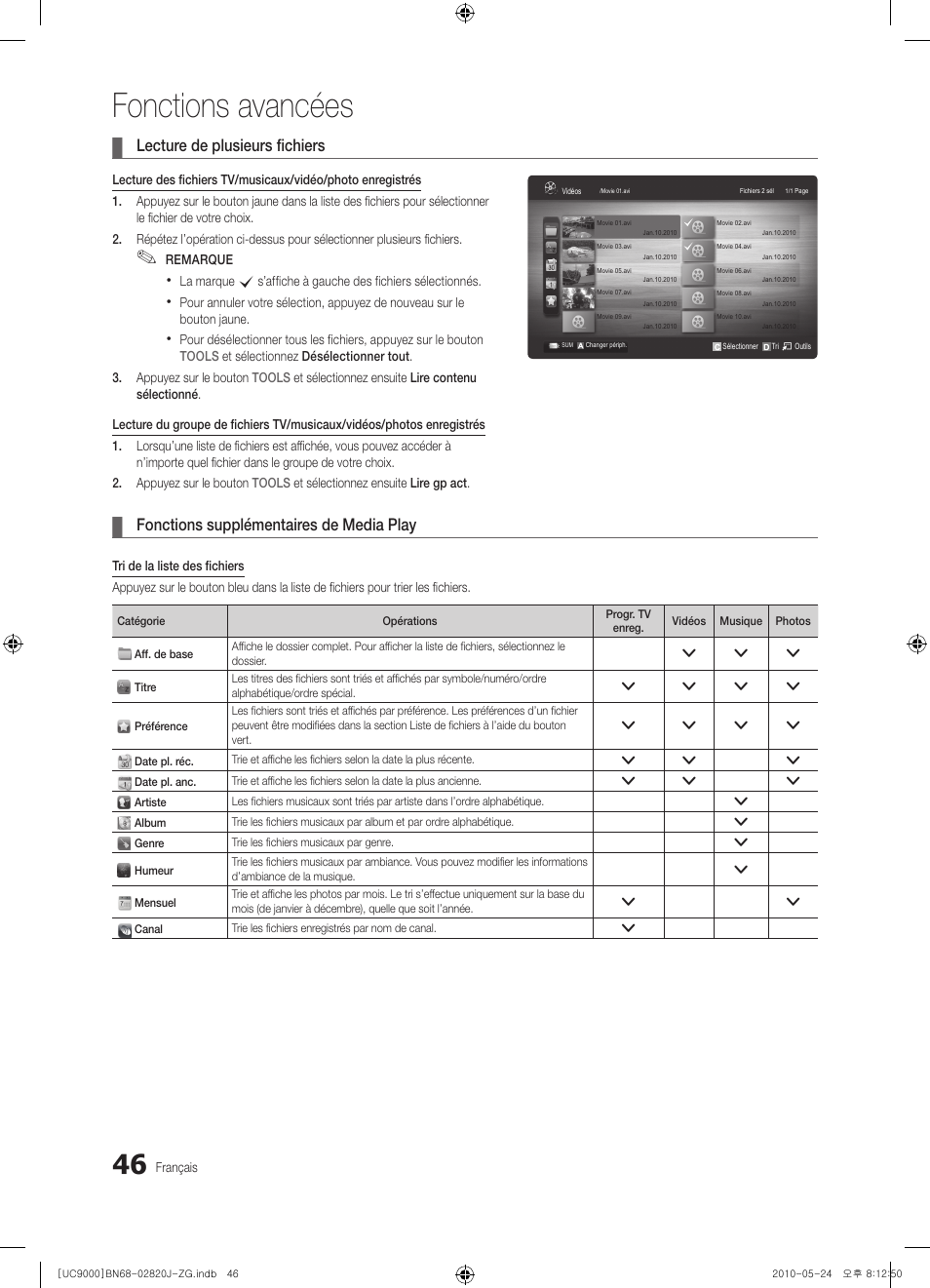 Fonctions avancées, Lecture de plusieurs fichiers, Fonctions supplémentaires de media play | Samsung UE46C9000ZW User Manual | Page 238 / 256