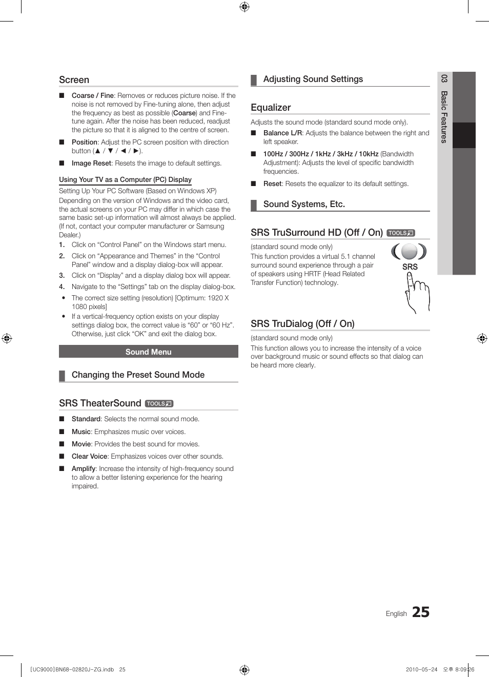 Screen, Srs theatersound, Equalizer | Srs trusurround hd (off / on), Srs trudialog (off / on) | Samsung UE46C9000ZW User Manual | Page 25 / 256