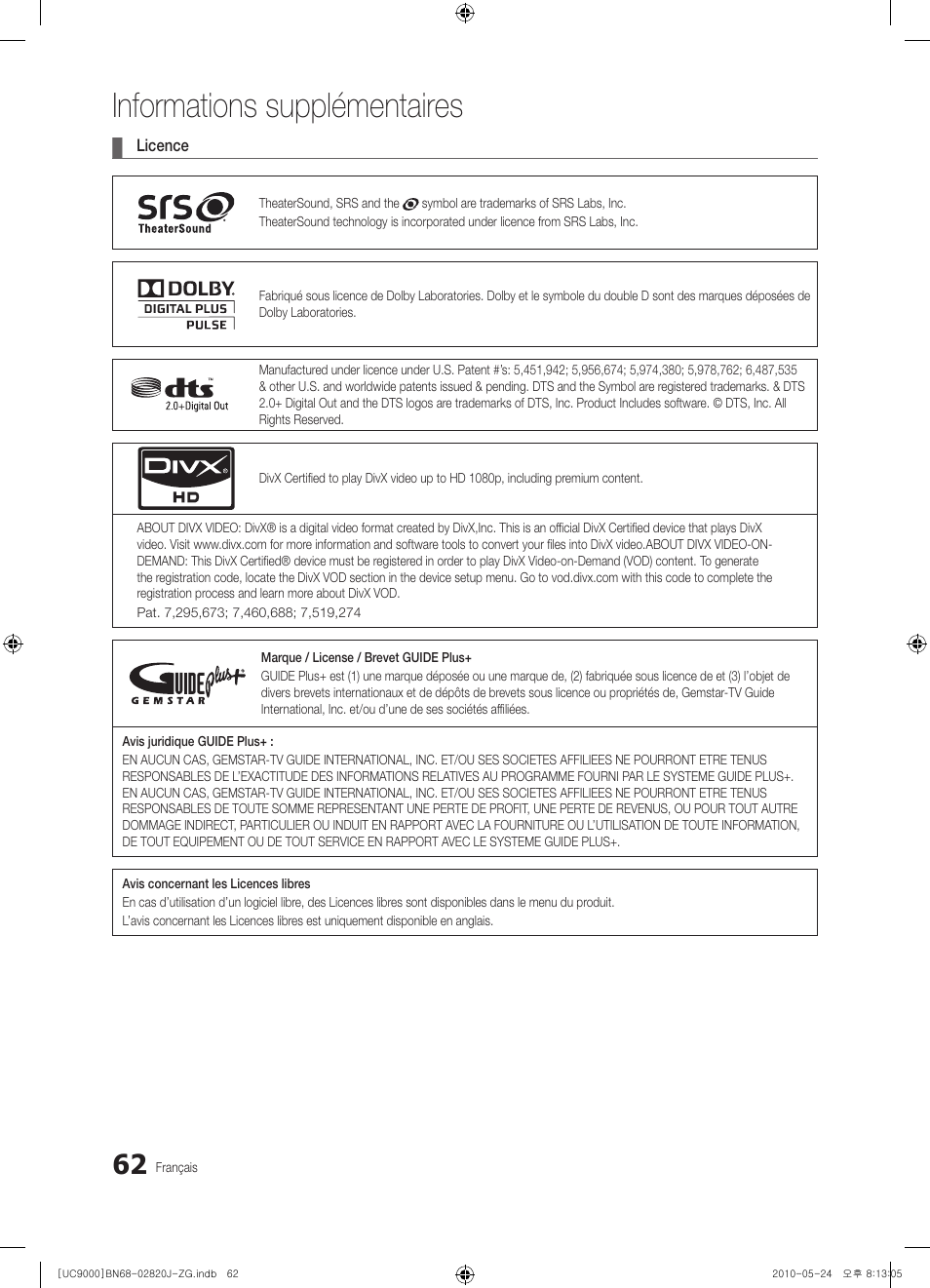 Informations supplémentaires | Samsung UE46C9000ZW User Manual | Page 254 / 256