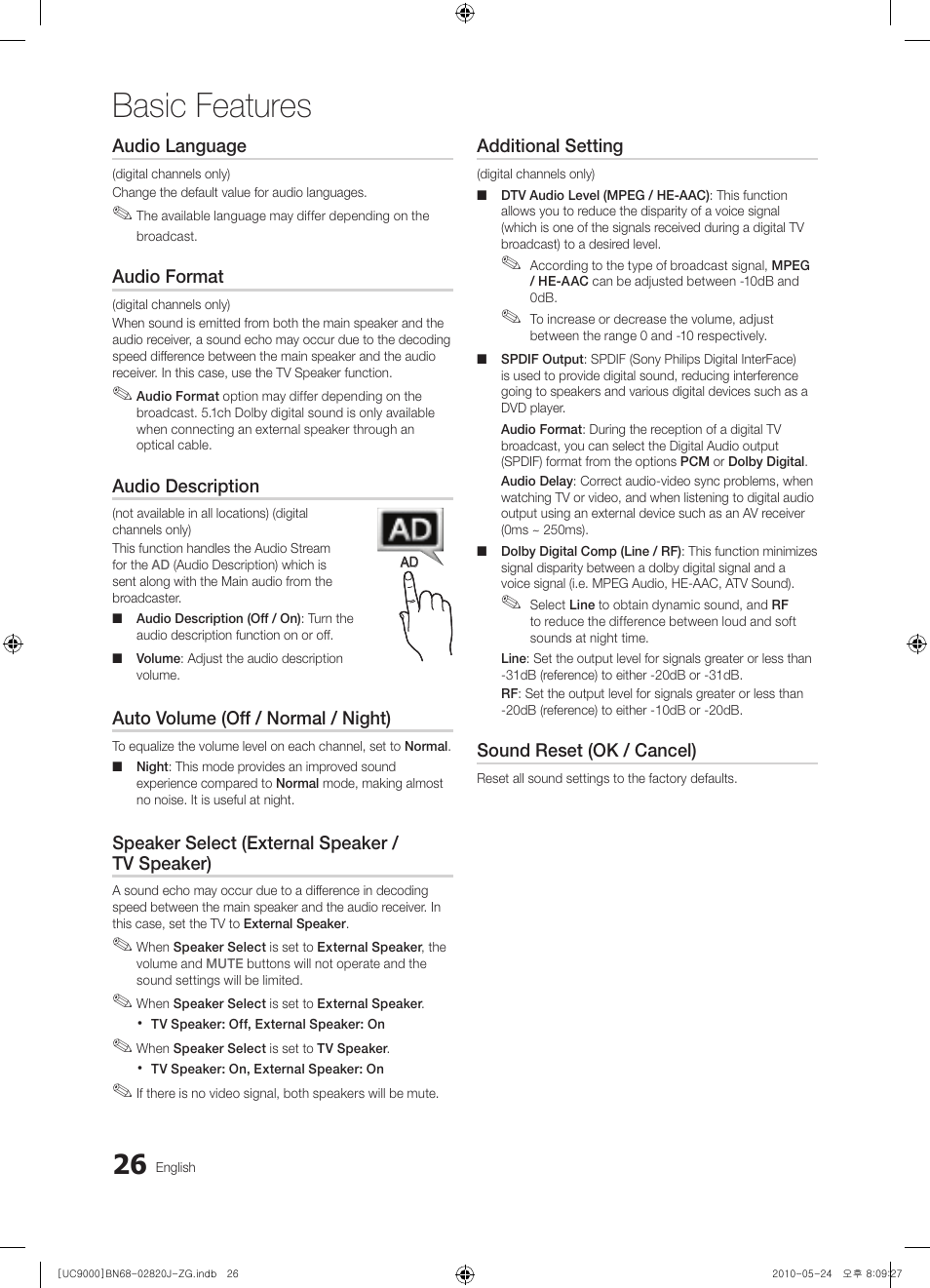 Basic features | Samsung UE46C9000ZW User Manual | Page 26 / 256