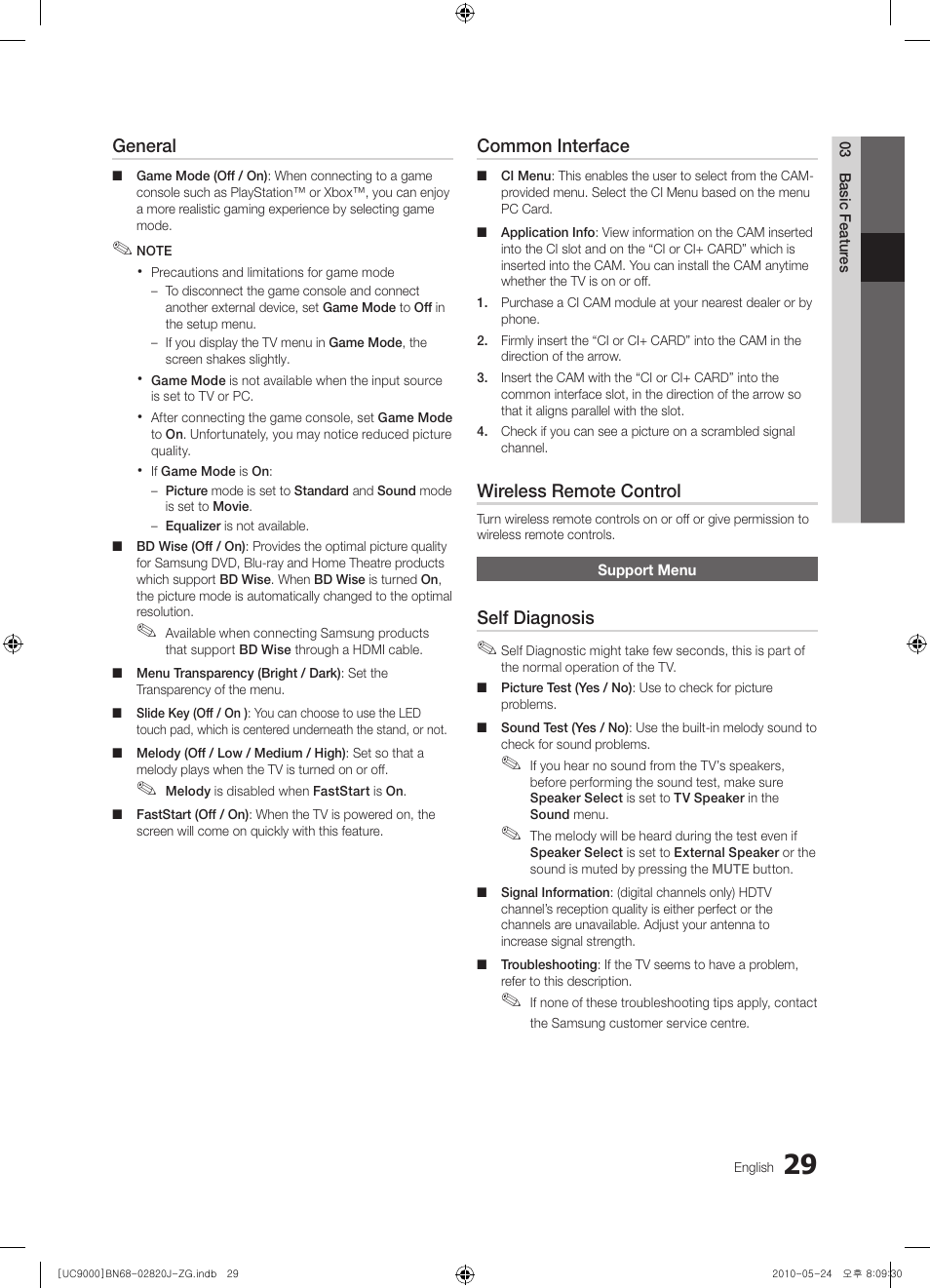 General, Common interface, Wireless remote control | Self diagnosis | Samsung UE46C9000ZW User Manual | Page 29 / 256