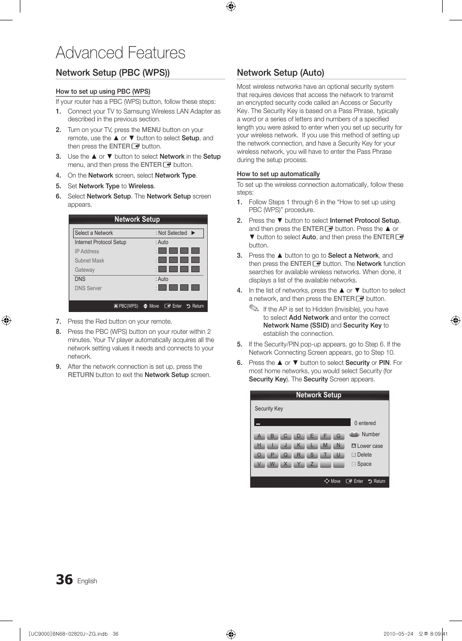 Advanced features, Network setup (pbc (wps)), Network setup (auto) | Samsung UE46C9000ZW User Manual | Page 36 / 256