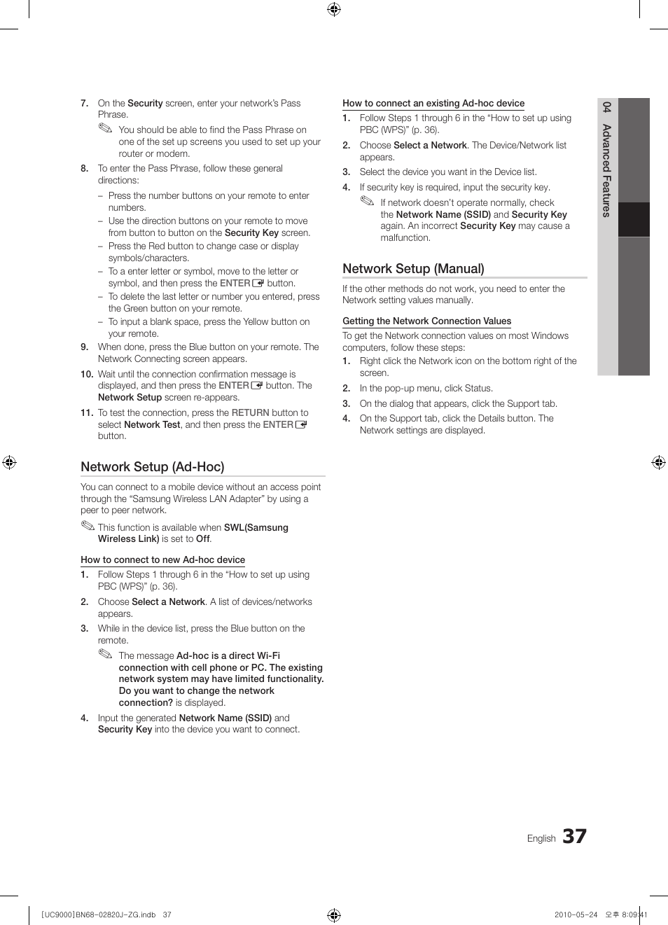 Network setup (ad-hoc), Network setup (manual) | Samsung UE46C9000ZW User Manual | Page 37 / 256