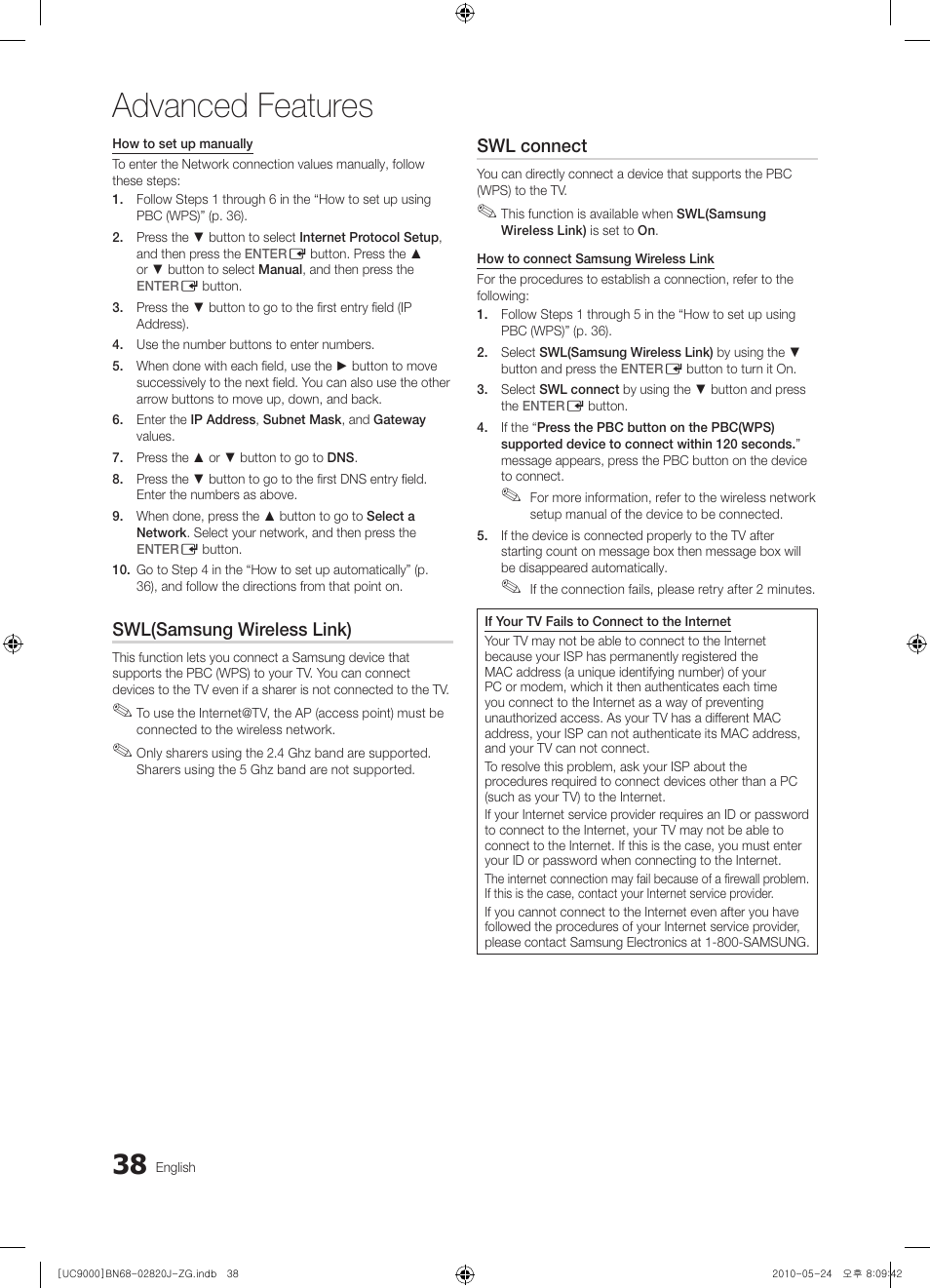 Advanced features, Swl(samsung wireless link), Swl connect | Samsung UE46C9000ZW User Manual | Page 38 / 256