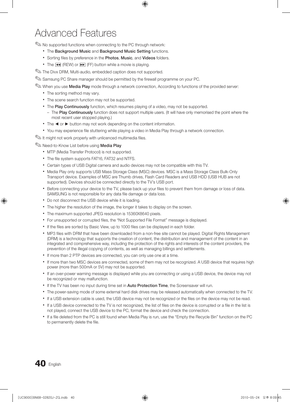 Advanced features | Samsung UE46C9000ZW User Manual | Page 40 / 256