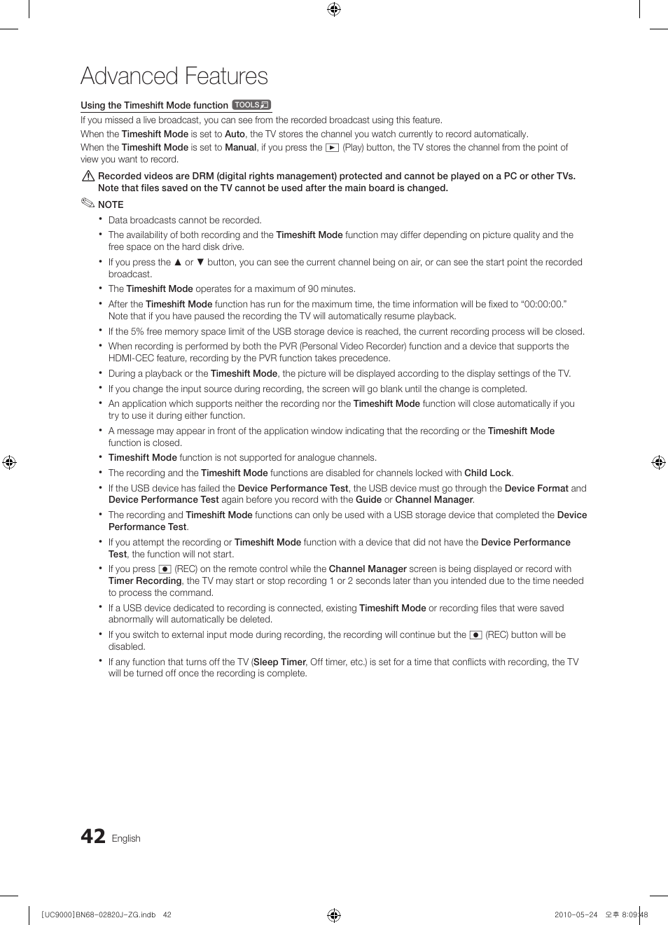 Advanced features | Samsung UE46C9000ZW User Manual | Page 42 / 256