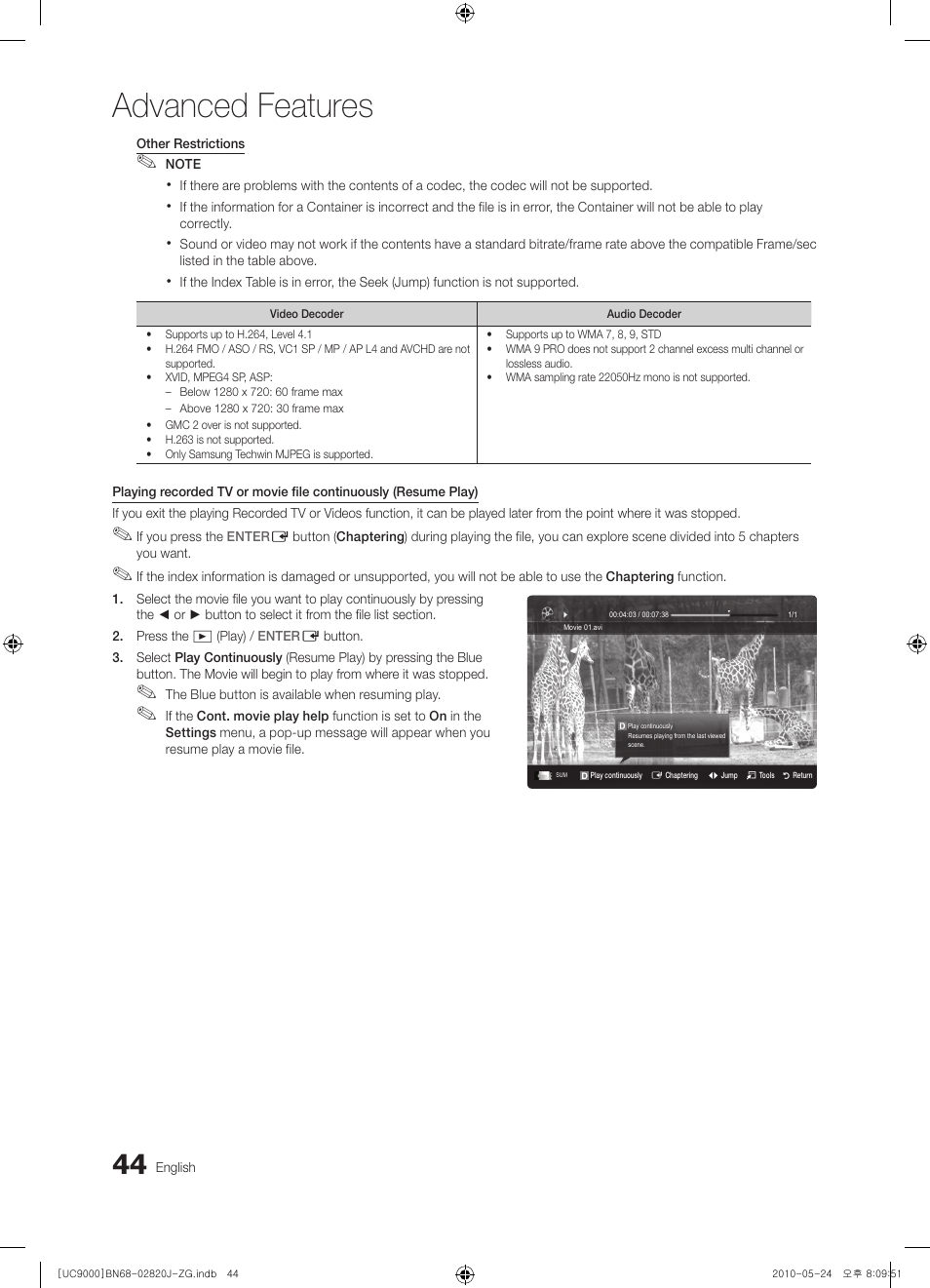 Advanced features | Samsung UE46C9000ZW User Manual | Page 44 / 256