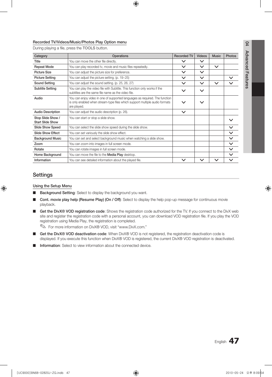 Settings | Samsung UE46C9000ZW User Manual | Page 47 / 256