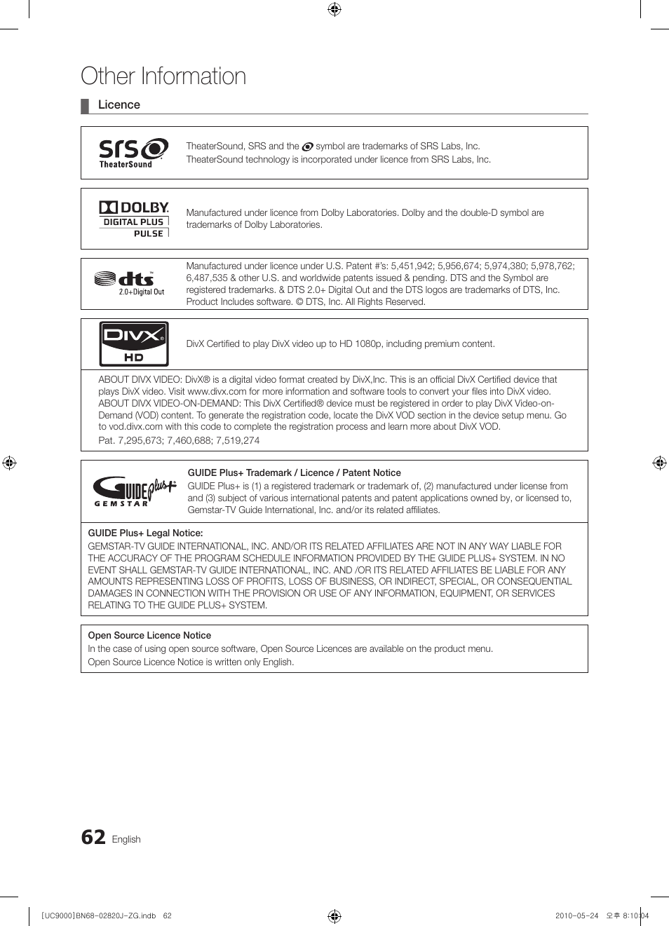 Other information | Samsung UE46C9000ZW User Manual | Page 62 / 256
