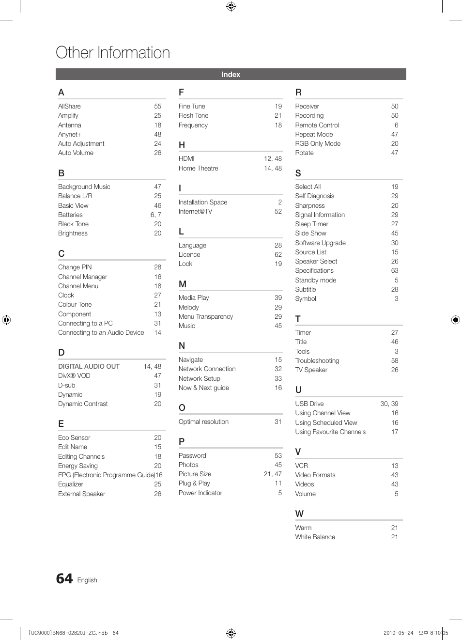 Other information | Samsung UE46C9000ZW User Manual | Page 64 / 256