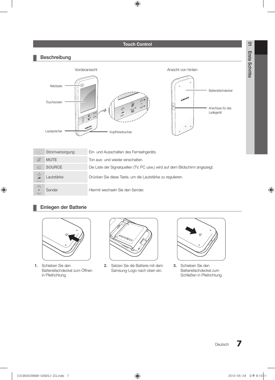 Beschreibung, Einlegen der batterie | Samsung UE46C9000ZW User Manual | Page 71 / 256
