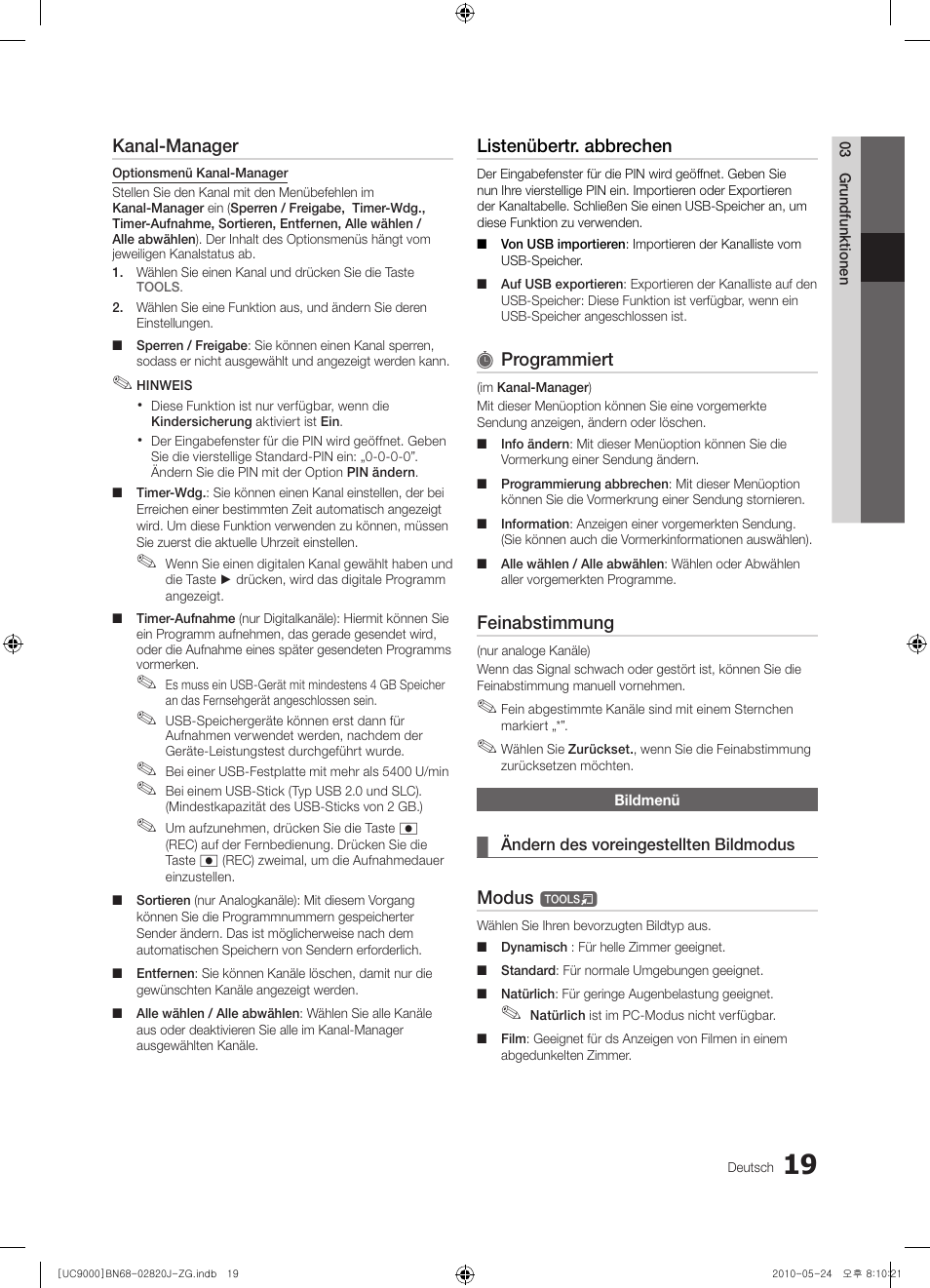 Kanal-manager, Listenübertr. abbrechen, Programmiert | Feinabstimmung, Modus t | Samsung UE46C9000ZW User Manual | Page 83 / 256