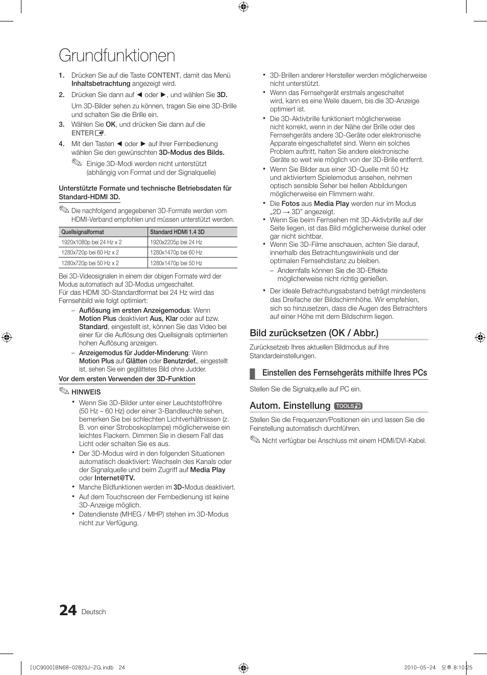 Grundfunktionen, Bild zurücksetzen (ok / abbr.), Autom. einstellung | Samsung UE46C9000ZW User Manual | Page 88 / 256