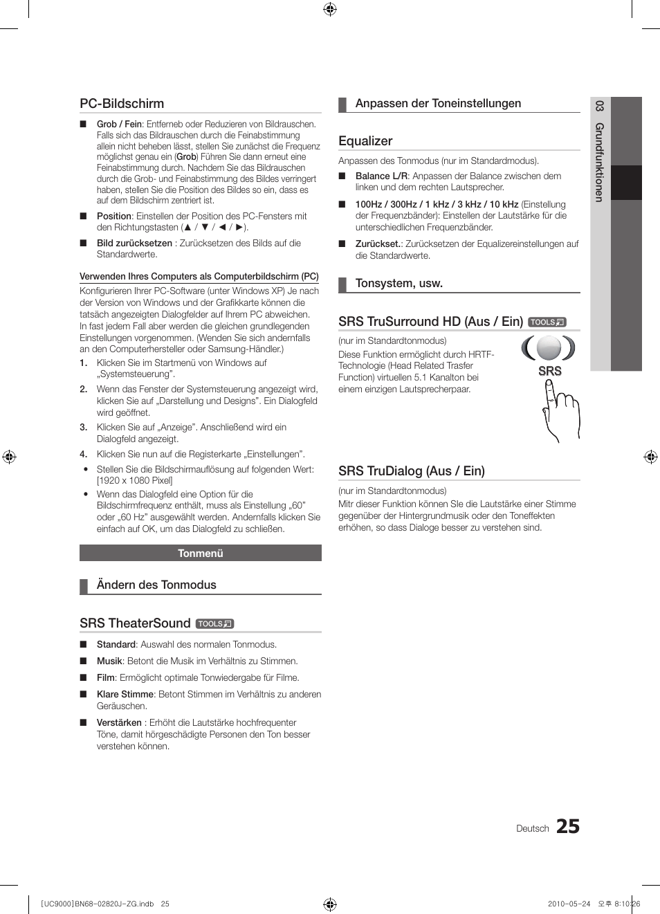 Pc-bildschirm, Srs theatersound, Equalizer | Srs trusurround hd (aus / ein), Srs trudialog (aus / ein) | Samsung UE46C9000ZW User Manual | Page 89 / 256