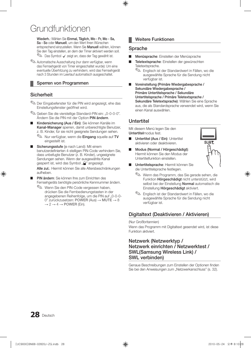 Grundfunktionen, Sicherheit, Sprache | Untertitel, Digitaltext (deaktivieren / aktivieren) | Samsung UE46C9000ZW User Manual | Page 92 / 256