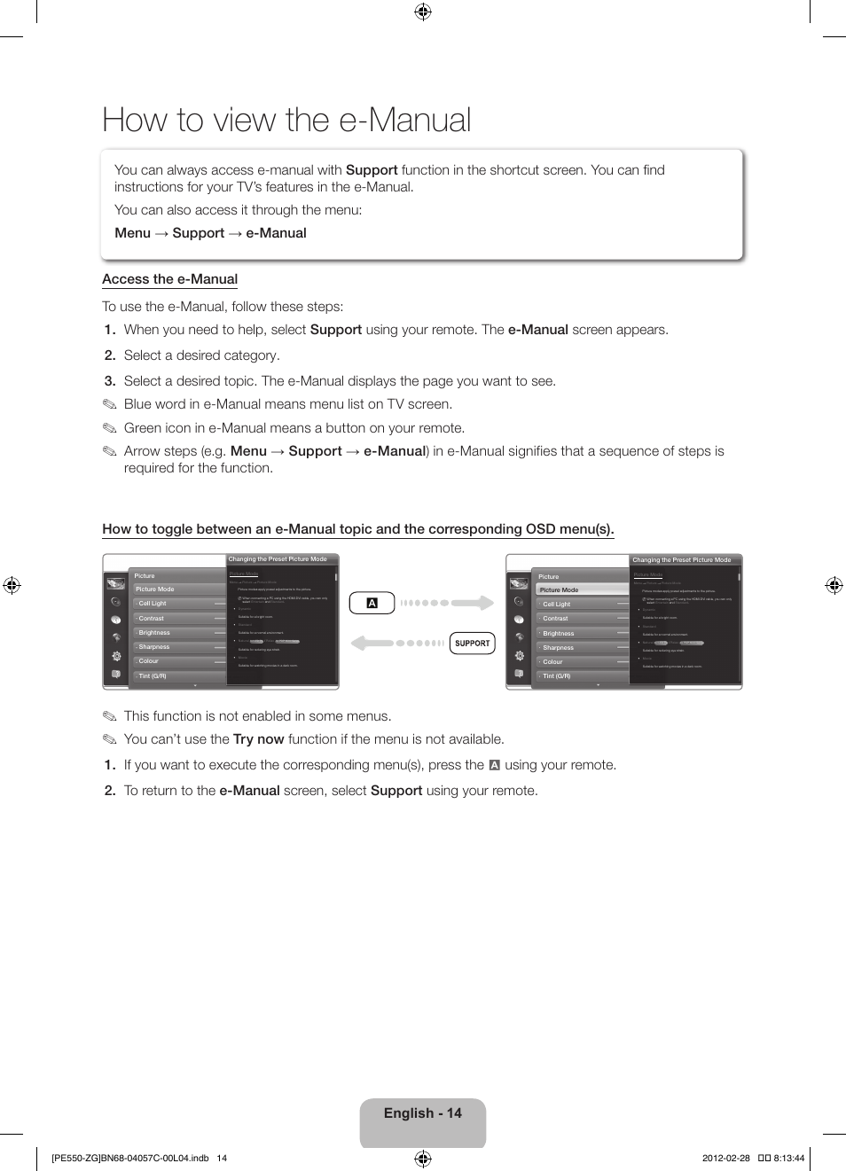 How to view the e-manual, English - 14, Blue word in e-manual means menu list on tv screen | This function is not enabled in some menus | Samsung PS51E550D1W User Manual | Page 14 / 87