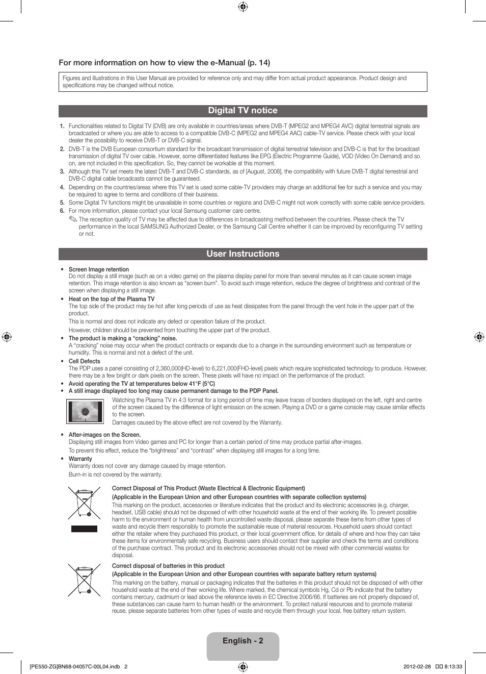 Digital tv notice, User instructions | Samsung PS51E550D1W User Manual | Page 2 / 87