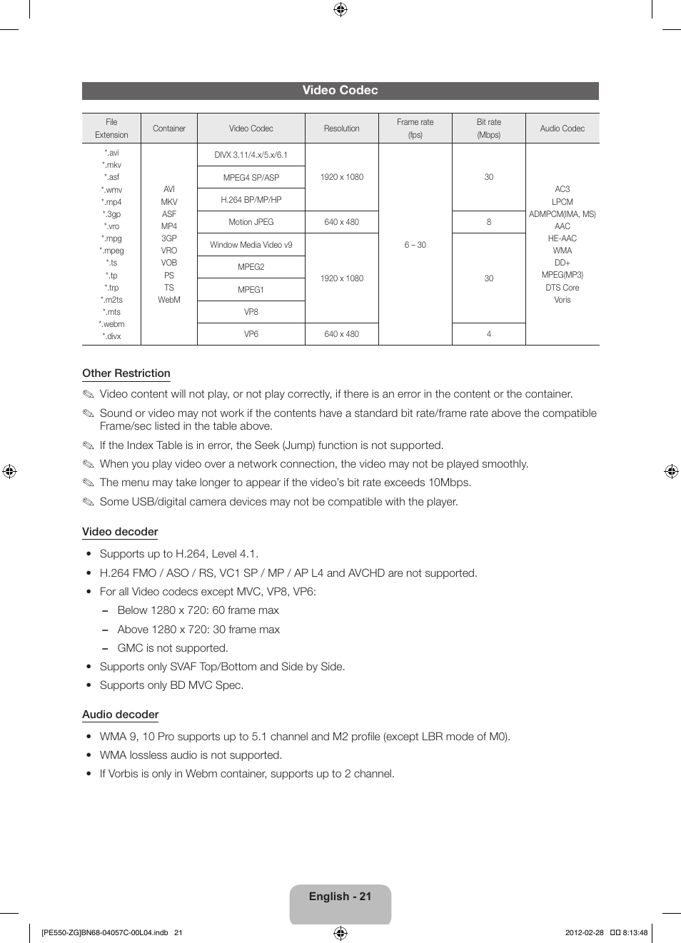 Video codec | Samsung PS51E550D1W User Manual | Page 21 / 87
