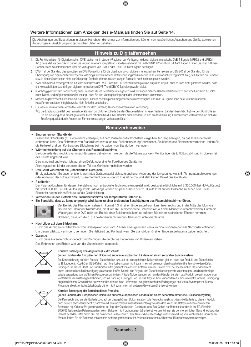 Hinweis zu digitalfernsehen, Benutzerhinweise | Samsung PS51E550D1W User Manual | Page 24 / 87