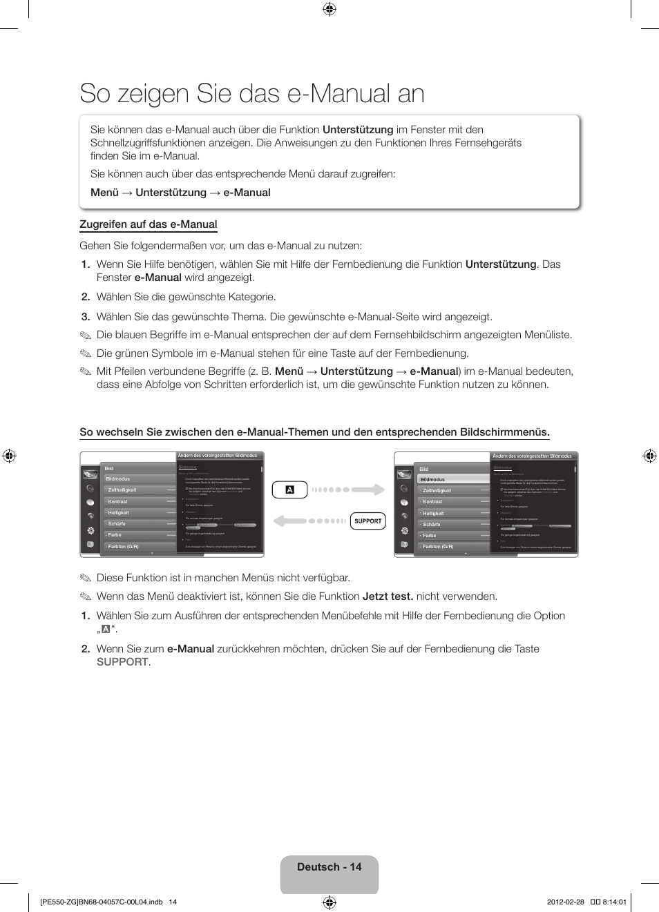 So zeigen sie das e-manual an, Deutsch - 14 | Samsung PS51E550D1W User Manual | Page 36 / 87
