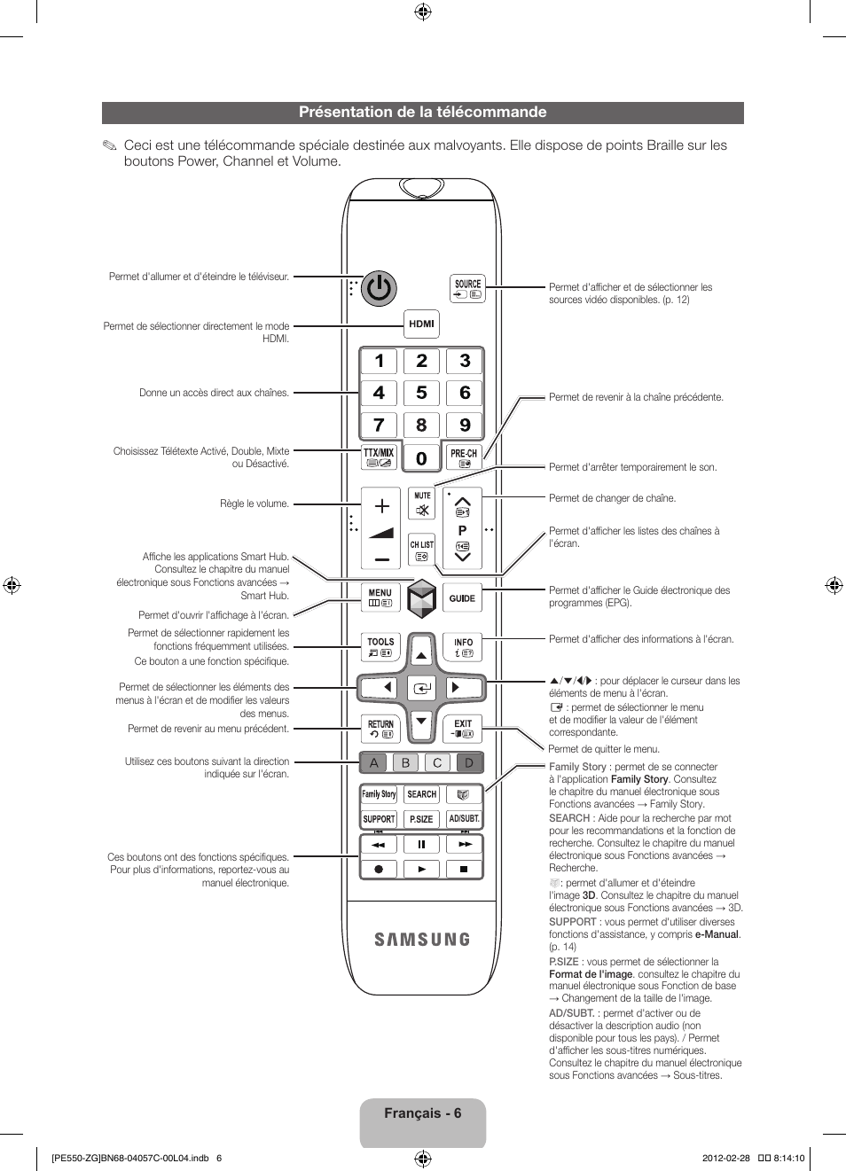 Présentation de la télécommande | Samsung PS51E550D1W User Manual | Page 49 / 87