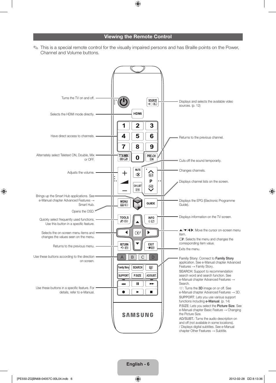 Viewing the remote control | Samsung PS51E550D1W User Manual | Page 6 / 87